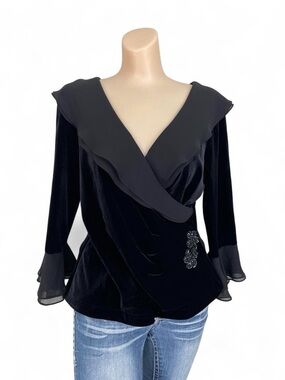 Jackie Jon black velvet & chiffon 3/4 sleeve wrap blouse